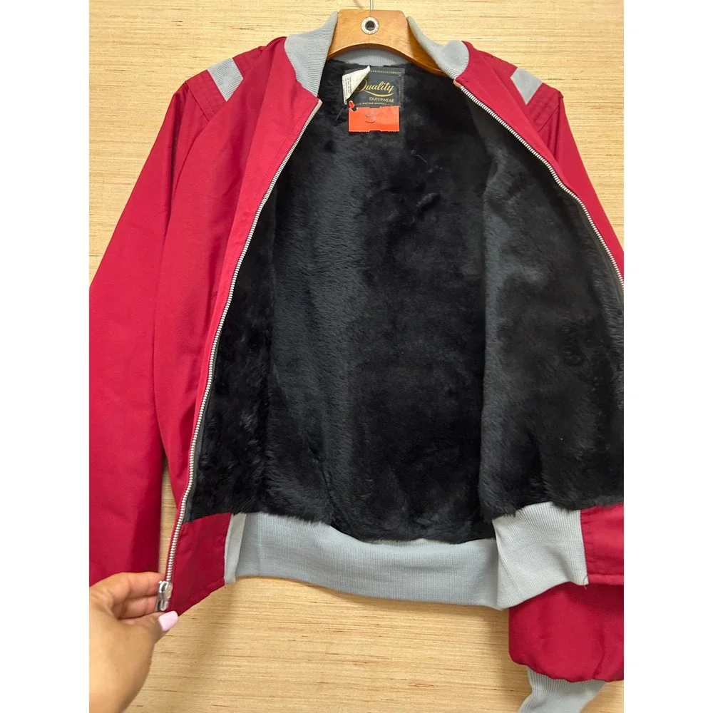 Vintage Quality Outerwear Bomber Jacket, Red Grey Fur Lined, Retro‎ Style